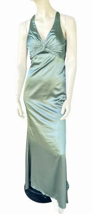 Monvelli Elegant Halter Satin Floor Mermaid Prom Gown Sage Green Size 4 NWT thumbnail 1