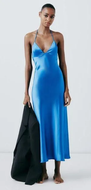 Zara Dress Cobalt Blue Satin Effect Maxi Midi Wedding Party Date Coctail thumbnail 14