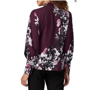 Natori Purple Floral Neck Tie Button Down Blouse thumbnail 2