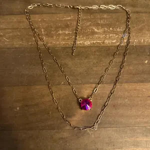 Gold tone layered hot pink gemstone pendant necklace thumbnail 3