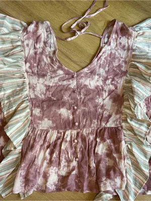 XL Boutique Pink/Purple white Tie-dye Cotton Blouse Striped Ruffle Peplum Crop thumbnail 5