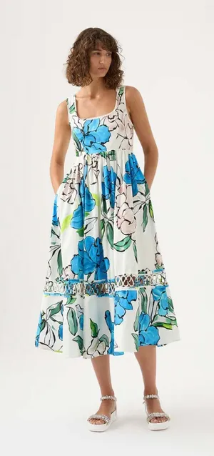 Aje Erika Dress White Blue Floral Excellent Cutout Back Midi Cotton thumbnail 1