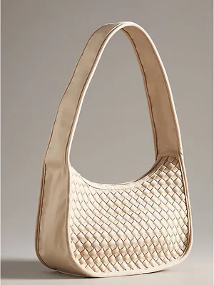 Anthropologie woven neoprene shoulder bag zip neutral beige nylon purse thumbnail 2