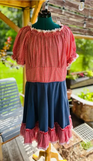 Handmade VINTAGE SQUARE DANCE PRAIRIE DRESS RED GINGHAM CHECKERED w DENIM Size 12/14 thumbnail 1