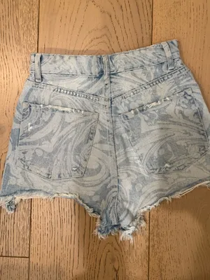 Zara High Waist Light Blue Swirl-Pattern Denim Cotton Woman’s Shorts thumbnail 7