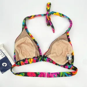 Vintage 90s Bright Matari Mixems Neon Floral Rainbow Triangle Bikini Halter Top Size L thumbnail 3