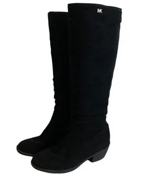 Steve Madden Fia Aven Grunge Black faux suede leather knee-high riding boots MK gold logo #gothic #whimsygoth boho western indie hippie country #harness #campus #riding equestrian festival biker thumbnail 2