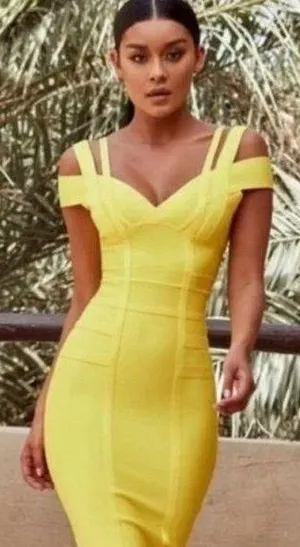 House Of CB London Neon Yellow Bodycon Bandage Cocktail Dress Size XS thumbnail 1