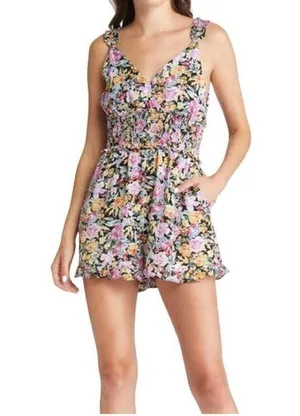Floret Studios Floral Romper, Size XL, Smocked, Purple Yellow Black, Shorts thumbnail 1