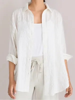 LOFT Cream Textured Button-Down Top thumbnail 1