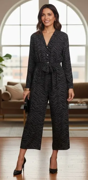 Rails Callan Charcoal Tiger Striped Belted Jumpsuit Wide Leg‎ Cropped Chic L thumbnail 1