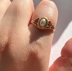 Vintage gold ring with oval Victorian pearl thumbnail 1