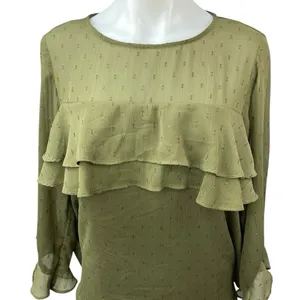 Dorothy Perkins Women's Olive Green Metallic Chiffon Ruffle Blouse Top Size 12 thumbnail 3