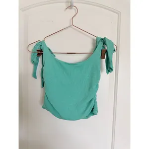 Free People Crop Top Womens Small Mint‎ Green Tie Shoulder Ruched Ribbed Boho thumbnail 10