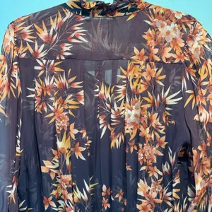 🍁 Warm New York‎ Floral Semi Sheer Neck Tie Blouse Burgundy Long Sleeve Elastic thumbnail 7