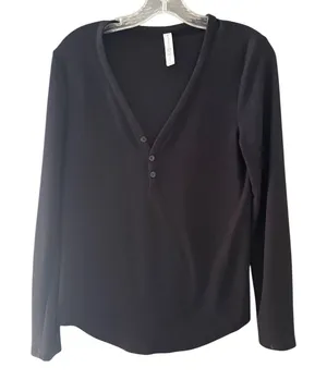 Athleta Wind Down Sleep Top Womens Small Black‎ Waffle Knit Henley Long Sleeve thumbnail 1