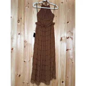 NWT Lulus Madriana Brown Halter Neck Ruffed Midi Dress Bohemian Summer Sz M thumbnail 5