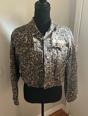 Vintage Havana Leopard Animal Print Stretch Cropped Button Front Jacket Size L thumbnail 1