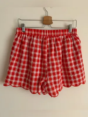 NWT Entro Red Gingham Plaid Scallop Hem Shorts High Rise Pleated Large L thumbnail 4