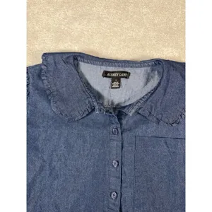 Audrey Lane brand denim blouse‎ collared puff sleeve L thumbnail 3
