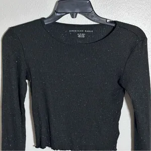 American Eagle Women Ribbed‎ Gray/Black Long Sleeve Crop Top size XS thumbnail 3