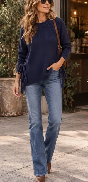 J. Crew Cotton Blend Navy Crewneck Sweater with Side Ties thumbnail 1