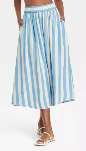 A New Day Women's Size Large Beach Bungalow Linen Midi Picnic Skirt Blue White thumbnail 1