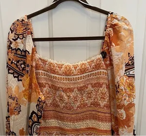 Cato‎ Orange Floral Smocked Crop Balloon Sleeve Top Boho Festival Womens 18/20 thumbnail 1