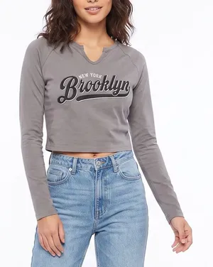 Forever 21 Crop Top Womens Medium New York Brooklyn Gray Graphic LS thumbnail 1