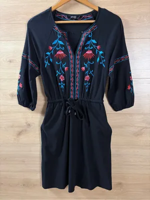 eShakti Cotton Embroidered Black Drawstring Waist Dress Size 4 thumbnail 2