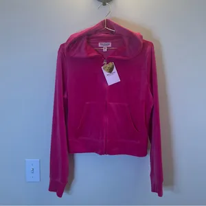 Juicy Couture Free Love Velour Zip‎ Hoodie Pink Rhinestone Logo NWT Size L thumbnail 2