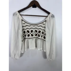 SHEIN Crochet Peasant Top Womens S Cream Brown Puff Sleeve Boho Cottagecore‎ thumbnail 3