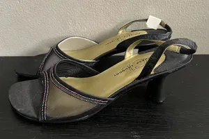 Chinese Laundry Women’s Black Beaded Mesh Fabric Kitten Slingback Party Heels 6 thumbnail 1