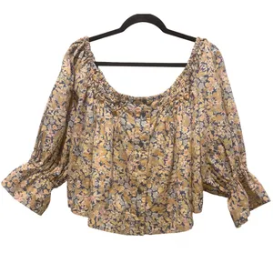 Free People James Smock $128 Boxy Crop Top Off Shoulder Puff Sleeve Blouse M thumbnail 2