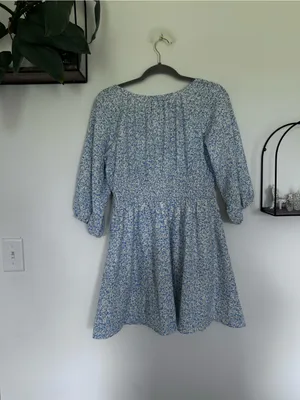 NWT Baltic Born Koa Blue Floral Print‎ Long Sleeve V Neck Short Mini Dress Large thumbnail 2