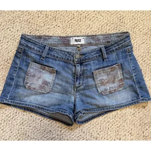 Mini‎ Denim Shorts Womens 27 Blue Floral Patch Pocket Low Rise Stretch Y2K Paige thumbnail 2