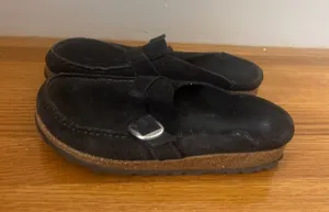 Birkenstock Buckley Black Suede Clog Mules Moccasin Buckle 36 L5 230 thumbnail 1