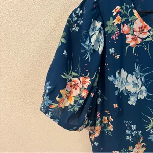 LOFT Floral Chiffon Drop Waist Puff Sleeve‎ Flutter Midi Dress Size 4 thumbnail 4