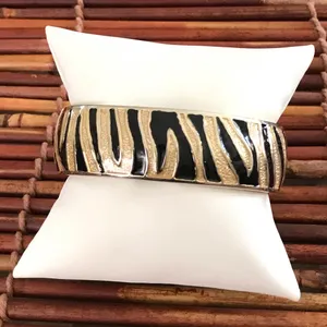 Tiger stripe hinged cuff bracelet black and gold tone thumbnail 2