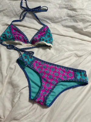 Pink Turquoise Blue Geometric Crochet Trim Triangle Bikini Set Size M Boho Y2K thumbnail 2