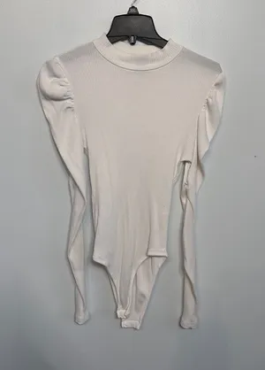 SHEIN Womens White Ribbed Mock Neck Puff Shoulder Long Sleeve Bodysuit Large thumbnail 1