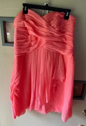 David's Bridal Strapless Coral-Pink Chiffon Dress thumbnail 1