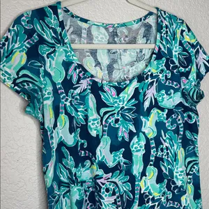 Lilly Pulitzer Navy Blue Green Floral Print Mini t shirt Dress thumbnail 5