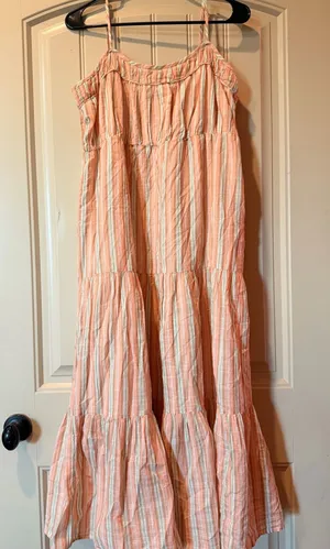 Aerie Tiered Midi Dress Coral Green Stripe 100% Cotton Size Medium thumbnail 1
