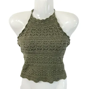 Abercrombie & Fitch XS Halter‎ Top Y2K VTG Crochet Olive Green Cotton Boho 1421 thumbnail 1