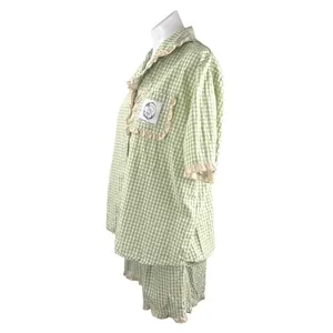 Fiarady Green Gingham Check Ruffle Button Up Shirt Short Sleepwear Pajama Set XL thumbnail 2