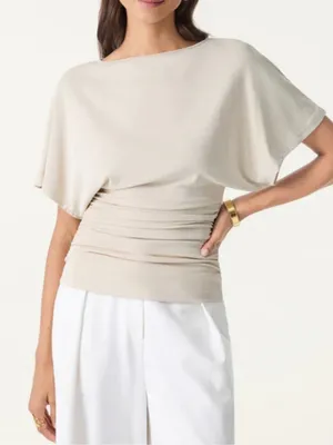 NWT Women’s OGL Short Sleeve Draped Ruched Tee Top Beige Size M thumbnail 1