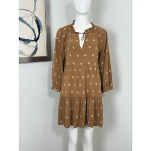 Madewell Women’s Brown Floral Tiered Mini Dress Long Sleeve Peasant Boho Size M thumbnail 2