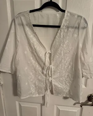 SHEIN White Embroidered Tie-Front Tunic Top thumbnail 1