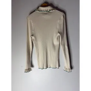 LOFT Womens XL Ribbed Knit Ruffle Peter Pan Collar Button Sweater Cream Green thumbnail 2